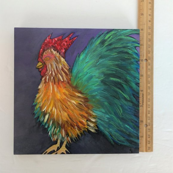 Handmade Painting Of A Rooster On 8x8 Wooden Square Canvas Hand Painted Chicken - Picture 16 of 16